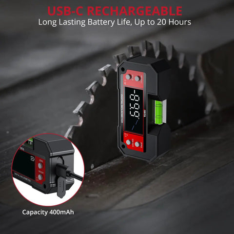 Heavy Duty Digital Angle Finder With Dual Axis Level And Quick Slope Checks Featuring Clear Led Screen And Built Tough Construction For No Fuss Contractor Projects Daily, USB-C recharge and level gauge on circular saw.