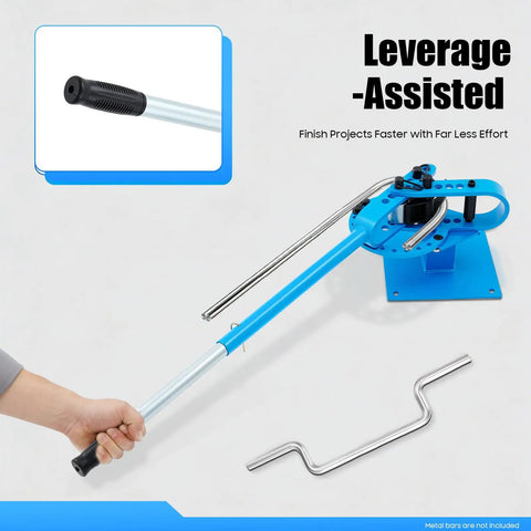 Leveraged grip on the Heavy Duty Manual Pipe Bender With Seven Dies Ranging From One To Three Inches for easy metal bending.