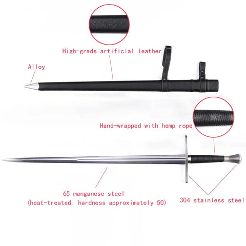 Medieval Sword Black Western Blade In Manganese Steel With Full Tang Build, 45.66 Inch Total Length, sheathed view.