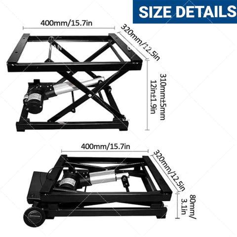 Smooth And Smart Electric Scissor Lift Table Motor Kit For Your DIY Home Furniture Elevator Project Adds Major Stability Plus Super Easy Convenience To Your Work Space Or Workshop Setup Right Now size details with dimensions and compact design.
