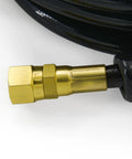 Close-up of hydraulic steering hose kit 16 feet for outboard boats, compatible with Seastar Solutions Teleflex systems, brass fitting.