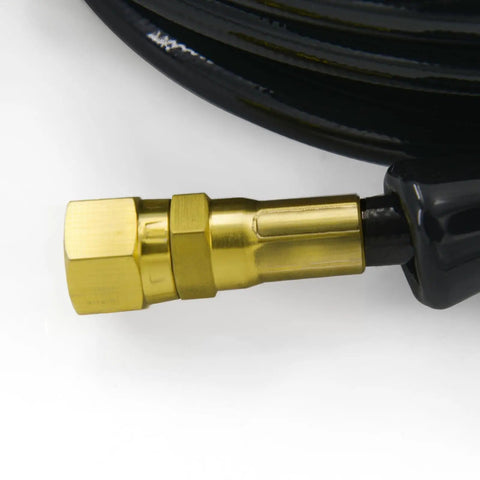 Close-up of hydraulic steering hose kit 16 feet for outboard boats, compatible with Seastar Solutions Teleflex systems, brass fitting.