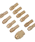 Ultimate 11Pc Mini Drill Chuck Collet Copper Nut Set For Rotary Tool Repair And Engraving Projects, 11 copper collets displayed.