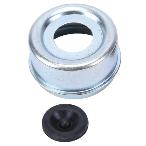 Trailer Wheel Bearing Protector Cap With Beefy Metal Rubber Build 2.72 Inch Hub Dust Cap shown with rubber seal