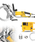 Full Bore 8000W Brushless Circular Saw Built For Kickass Speed On Raw Concrete Brick And Tile With Hassle Free Wet Dry Grooving And Massive 290Mm Cutting Depth, showing side view with motor and blade.