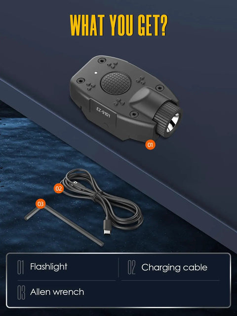 Ultra Compact Rifle Light And Helmet Mounted For Picatinny Rails, Ultra Lightweight Under 30g, includes USB-C cable and Allen wrench.