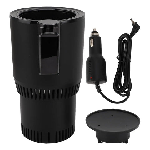 Premium Portable Travel Kettle With Car Power Cord And Bright Digital Display, compact black design with 12V adapter for cars.