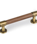 Set Of Five Sleek Solid Brass And Walnut Wood Cabinet Pulls 4.7 Inch Dresser Drawer Handles With 3.75 Inch Center To Center Spacing Modern Furniture Hardware, detailed view of one handle