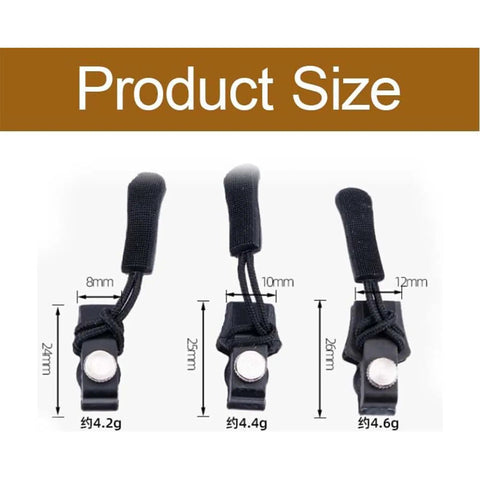 Zipper Repair Kit 9 Piece Black Zip Pullers dimensions 8mm to 12mm wide for coats, jackets, luggage, and backpacks, easy install.