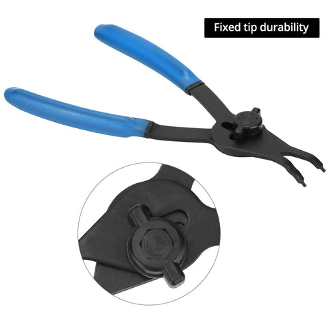 Close-up of a plier from a 12 Piece Versatile Snap Ring Pliers Set for Internal and External Rings Heavy Duty Chrome Moly Steel Quick Adjustment with Locking Knob Built to Last Rugged Retaining Pliers Kit for Auto Machinery and Shop Use showing fixed tip durability.