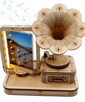 Vintage Gramophone 3D Puzzle Kit With Wooden Model DIY Music Box And Acrylic Photo Frame fully assembled on white background