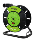 Heavy Duty Extension Cord Storage Reel With Four Grounded Outlets Pro Grade Portable Hand Crank Cord Roller For 12-3 14-3 16-3 Power Cords Open Reel Organizer Green shown in green with black accents, featuring four outlets and a handle for easy cranking.