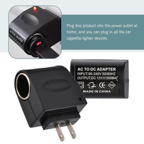 Built Tough AC To DC Car Converter Outlet 12 Volt 500mA with plug, showing cigarette lighter socket and specifications.