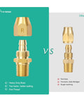 Two Pack Premium Solid Brass Pneumatic Reusable Hose End Repair Fittings With 3/8 Barb For 3/8 Inch ID Rubber Air Hose And 1/4 NPT Durable Corrosion Resistant Build For Quick DIY Repairs And Custom Lengths Save Money, comparison of brass fittings with focus on brass quality and sealing.