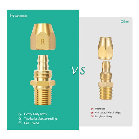Two Pack Premium Solid Brass Pneumatic Reusable Hose End Repair Fittings With 3/8 Barb For 3/8 Inch ID Rubber Air Hose And 1/4 NPT Durable Corrosion Resistant Build For Quick DIY Repairs And Custom Lengths Save Money, comparison of brass fittings with focus on brass quality and sealing.