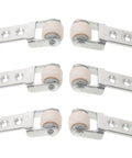 Six Piece Set Of One Inch White Nylon Sliding Roller Guide Wheels For Heavy Duty Furniture And Cabinet Drawer Tracks with smooth wheels.