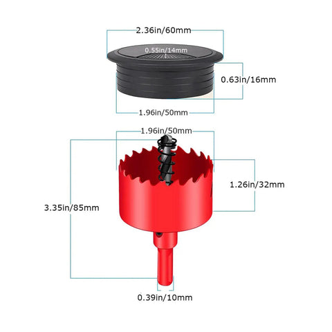 Diagram of 8 Pack Desk Grommets 2 Inch Black With Hole Saw Kit For Cable Management, featuring dimensions and parts.