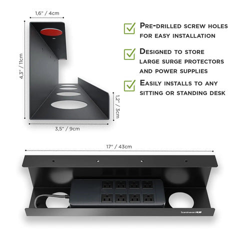Under Desk Cable Management Tray No Drill For Glass Desks Heavy Duty Carbon Steel Cable Organizer Rack Black Wire Tray 17 Inch Easy Install Keeps Cords Tidy And Safe, top and front view with dimensions
