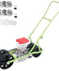 Two Row Corn Planter And Garden Seeder For Home Gardens Manual Seed Drill And Handy Seed Spreader in green metal with accessories