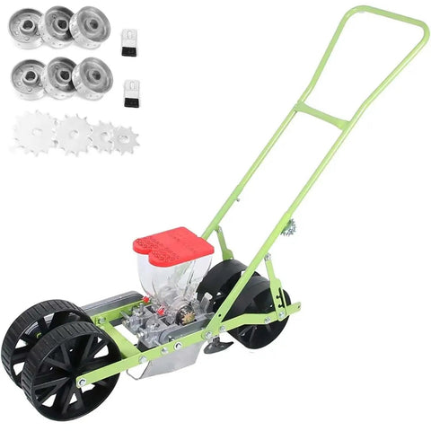 Two Row Corn Planter And Garden Seeder For Home Gardens Manual Seed Drill And Handy Seed Spreader in green metal with accessories