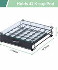 K Cup Holder Drawer With Crystal Tempered Glass Top showing dimensions 13" wide, 16" deep, 4.2" high. Holds 42 K Cups.