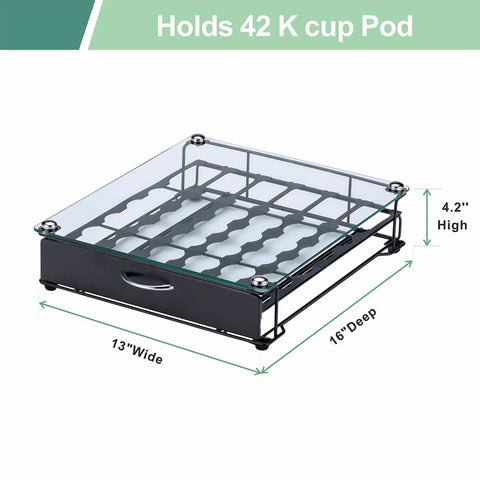 K Cup Holder Drawer With Crystal Tempered Glass Top showing dimensions 13" wide, 16" deep, 4.2" high. Holds 42 K Cups.