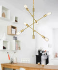 Two Pack Six Light Dope Modern Sputnik Ceiling Fixture Set In Gold Bronze Brushed Brass For Dining Room Kitchen Living Room Industrial Chandelier Semi Flush Mount E26 LED Compatible Dimmable With Dimmer hanging in dining area
