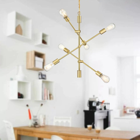 Two Pack Six Light Dope Modern Sputnik Ceiling Fixture Set In Gold Bronze Brushed Brass For Dining Room Kitchen Living Room Industrial Chandelier Semi Flush Mount E26 LED Compatible Dimmable With Dimmer hanging in dining area