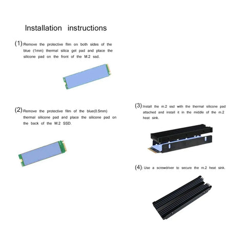 Installation guide for Double Sided M.2 NVMe Heatsink for 2280 SSDs Aluminum Cooler With Thermal Silicone Pad Fits PS5 and Desktop PC PCIe NVMe M.2 Drive Cooling Solution for Snappy Load Times Black, showing pads and heatsink assembly