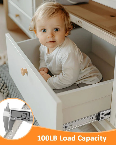 Child sitting inside open drawer featuring 16 Inch Soft Close Drawer Slides 1 Pair Full Extension Heavy Duty Cabinet Drawer Rails