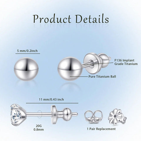 Titanium Earrings For Sensitive Ears 20G Implant Grade F136 Studs With Cubic Zirconia In Round Ball Princess Cut Square Shapes Nickel Free And Hypoallergenic Long Lasting Shine For Women And Men Who Want All Day Comfort And Style, 5 mm ball