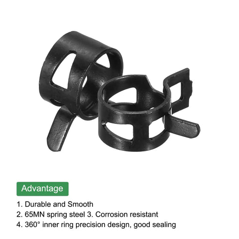 Close-up of black 14mm spring band hose clamps from the 20 Piece Fuel Line Clamps Set For Automotive Hoses kit.