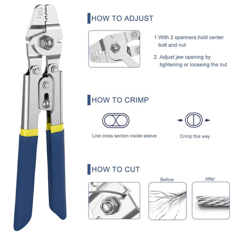 100Ft Wire Rope Crimping Tool Kit With 304 Stainless Steel Cable 7x7 Strand Core 1.5mm, All In One Crimping Set With 200 Aluminum Crimp Loop Sleeves And 20 Stainless Steel Thimbles, Heavy Duty Fishing And Utility Gear with crimping tool and adjustment instructions
