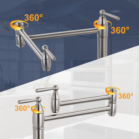 Pot Filler Deck Mount Kitchen Faucet In Brushed Nickel, Folding 2-Handle Design With Stretchable Double-Joint Swing Arms shown in 360° positions