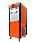 Bright orange soft ice cream machine with front controls and multiple dispensers on wheels.