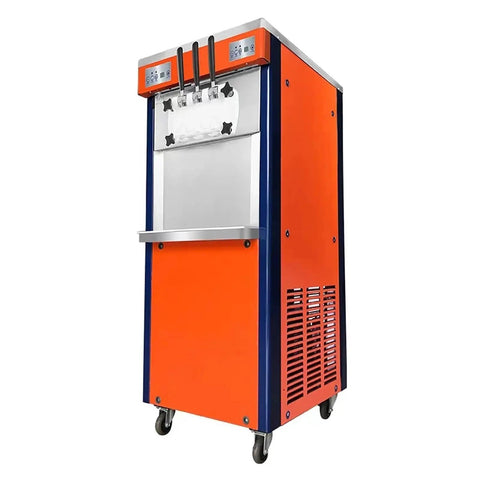 Bright orange soft ice cream machine with front controls and multiple dispensers on wheels.