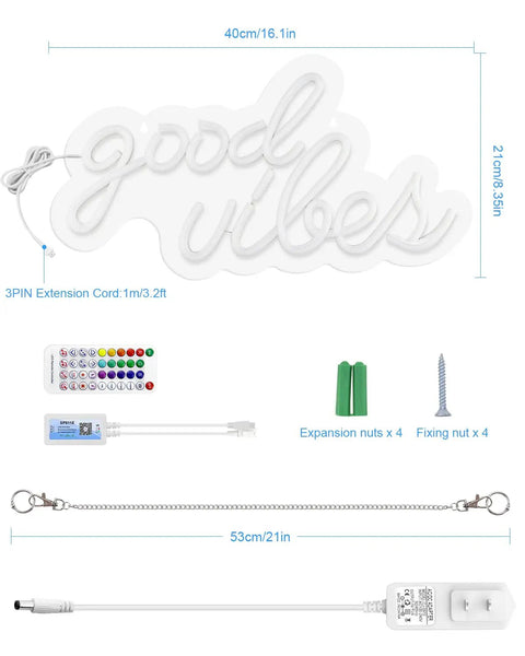 Good Vibes Neon Sign For Wall Decor With Addressable Dream Color LEDs WS2812B RGB Neon Light components and dimensions