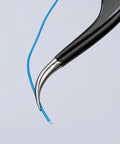 Close-up of ESD Precision Tweezers With Sickle Tips holding wire, Anti Magnetic Stainless Chrome Nickel Steel, Non Reflective Black Coating