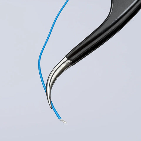 Close-up of ESD Precision Tweezers With Sickle Tips holding wire, Anti Magnetic Stainless Chrome Nickel Steel, Non Reflective Black Coating