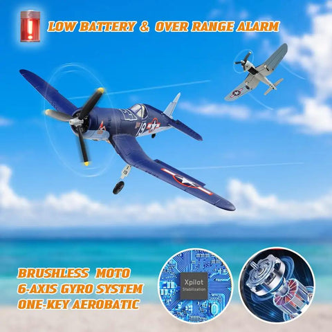 Brushless 4CH RC Plane F4U Corsair Stunt Model 500mm Wingspan With Gyro Stabilization RTF in flight over beach