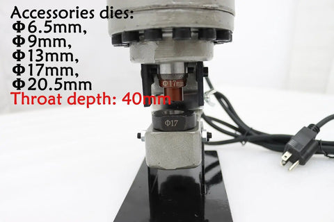 Close-up of 110V Electric Hydraulic Hole Punch Machine With Five Dies for Metal Plates Angle Iron Copper Aluminum and Steel Pro Grade