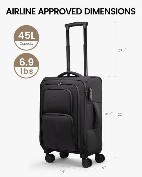 Airline Approved 22x14x9 Carry On Luggage With Spinner Wheels LOVEVOOK Lightweight Softside Suitcase Black with TSA Lock