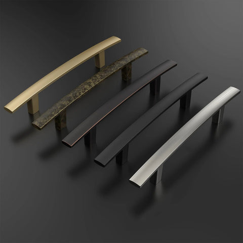 Various finishes of cabinet handles including brushed nickel from the 20 Pack Solid Zinc Alloy Cabinet Handles In Brushed Nickel, 3 Inch Center To Center Arch Drawer Pulls, 5-1/4 Inch Overall Length, Durable Modern Hardware For Kitchen Cabinets And Bathroom Cupboards.