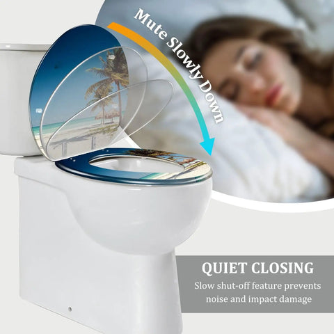 Round Resin Toilet Seat Decked Out In Tropical Beach Thatched Roof Art Soft Close Quick Release Hinges No Drama Quick Install For American Standard Toilets, showcasing quiet close feature.