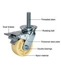 Close-up of Heavy Duty Eight Inch Nylon Swivel Caster With M20 Threaded Stem, dual brakes, and rotating ball, showing features.