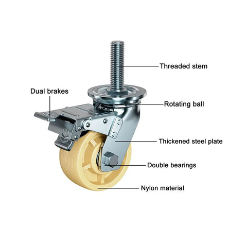 Close-up of Heavy Duty Eight Inch Nylon Swivel Caster With M20 Threaded Stem, dual brakes, and rotating ball, showing features.