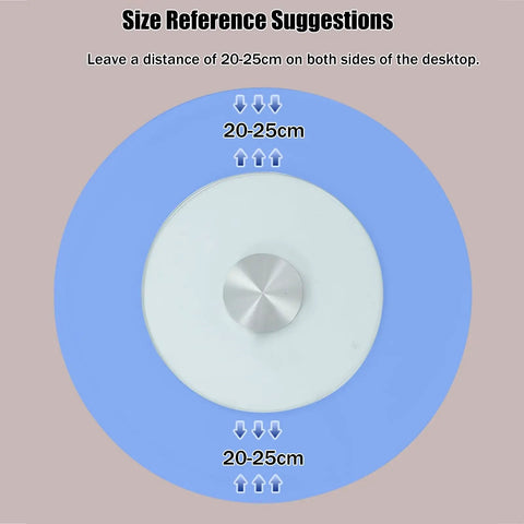 Top view of Built Tough Tempered Glass Lazy Susan Turntable for dining table, 47 inch, size reference chart showing 20-25cm gap.