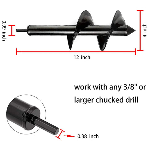 4 Inch By 12 Inch Garden Auger Drill Bit For Planting Bulbs And Flower Beds Planters With 3/8 Inch Hex Drive Fits Most Drills