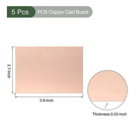 Five Pack FR4 Double Sided Copper Clad PCB Boards 100x70x0.8mm For Electronics Hobbyists Etching And Prototyping, board dimensions shown.