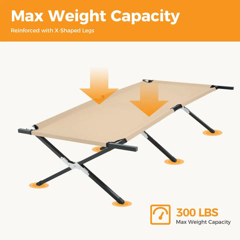 Extra Wide Camping Cot For Adults With 30.3 Inch Sleep Space No Squeeze Comfort Foldable Army Bed showing 300 lbs weight capacity